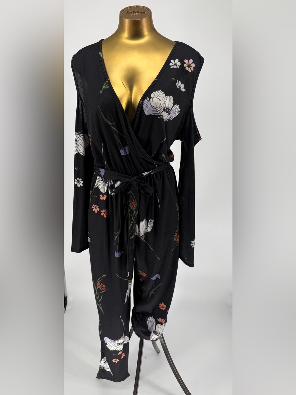 Pink Clove Black Floral Wrap-Front Jumpsuit with Tie US 16 Cold Shoulder.NWT
